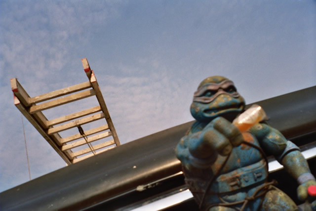 Photo of Mold fighting ninja turtle with Tabasco bottle strapped to the grill of a HandsOn truck